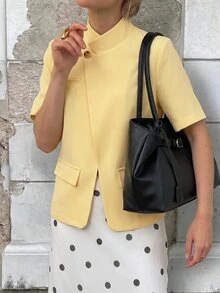 Struktiv Women's Spring/Summer Casual Asymmetric Placket Short Sleeve Solid Color Versatile Loose Fit Everyday Commute Jacket - Yellow - View 4