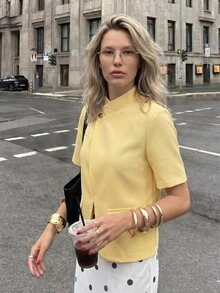 Struktiv Women's Spring/Summer Casual Asymmetric Placket Short Sleeve Solid Color Versatile Loose Fit Everyday Commute Jacket - Yellow - View 6