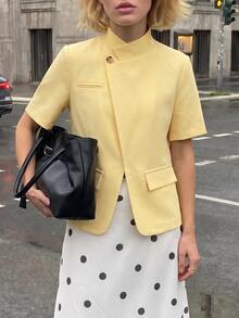 Struktiv Women's Spring/Summer Casual Asymmetric Placket Short Sleeve Solid Color Versatile Loose Fit Everyday Commute Jacket - Yellow - View 1