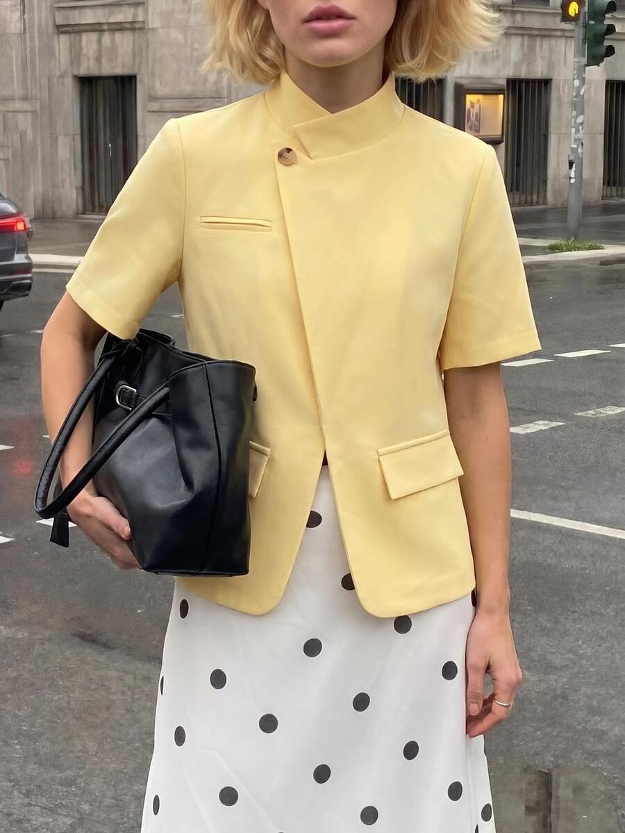 Struktiv Women's Spring/Summer Casual Asymmetric Placket Short Sleeve Solid Color Versatile Loose Fit Everyday Commute Jacket - Yellow - View 1