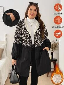 SHEIN LUNE جاكيت كاجوال بأكمام طويلة وسحاب أمامي وغطاء رأس بلون سادة مقاس كبير ملابس الخريف والشتاء - متعدد الألوان - مشاهدة 1