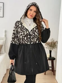 SHEIN LUNE جاكيت كاجوال بأكمام طويلة وسحاب أمامي وغطاء رأس بلون سادة مقاس كبير ملابس الخريف والشتاء - متعدد الألوان - مشاهدة 5