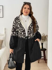 SHEIN LUNE جاكيت كاجوال بأكمام طويلة وسحاب أمامي وغطاء رأس بلون سادة مقاس كبير ملابس الخريف والشتاء - متعدد الألوان - مشاهدة 6