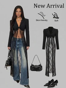 StreetHx Women's Fall Lace-Panel Floral Pattern Mermaid-Hem Long-Sleeve Blazer - Black - View 1