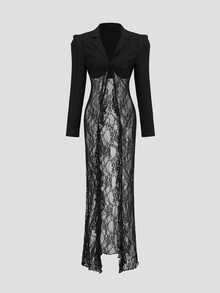 StreetHx Women's Fall Lace-Panel Floral Pattern Mermaid-Hem Long-Sleeve Blazer - Black - View 3