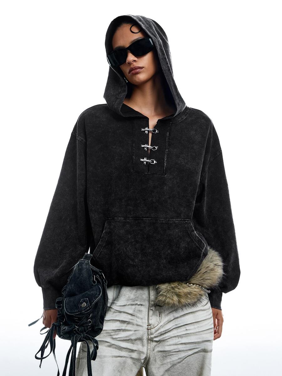 LYSMO Sweatshirt Hoodie Kasual Wanita dengan Kancing Jepret, Bahu Longgar, Lengan Panjang, dan Saku