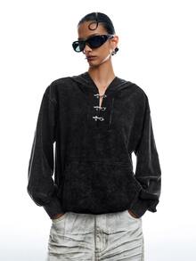 LYSMO Sweatshirt Hoodie Kasual Wanita dengan Kancing Jepret, Bahu Longgar, Lengan Panjang, dan Saku - Hitam - View 7