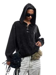 LYSMO Sweatshirt Hoodie Kasual Wanita dengan Kancing Jepret, Bahu Longgar, Lengan Panjang, dan Saku - Hitam - View 6