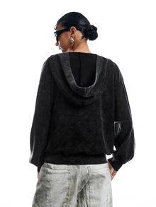LYSMO Sweatshirt Hoodie Kasual Wanita dengan Kancing Jepret, Bahu Longgar, Lengan Panjang, dan Saku - Hitam - View 3