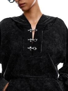 LYSMO Sweatshirt Hoodie Kasual Wanita dengan Kancing Jepret, Bahu Longgar, Lengan Panjang, dan Saku - Hitam - View 8