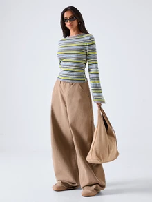 LYSMO 女款條紋圓領喇叭袖休閒針織衫 - 彩色 - 查看 5
