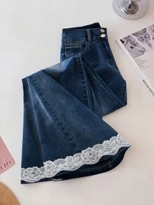 GlowEve 女款休閒日常旅行牛仔褲，附口袋、鈕扣與蕾絲飾邊 - 藍色 - 查看 2