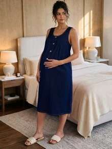 SHEIN 孕婦極簡風無彈力牛仔長洋裝 - 紅木色 - 查看 6
