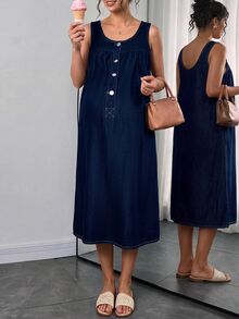 SHEIN 孕婦極簡風無彈力牛仔長洋裝 - 紅木色 - 查看 7