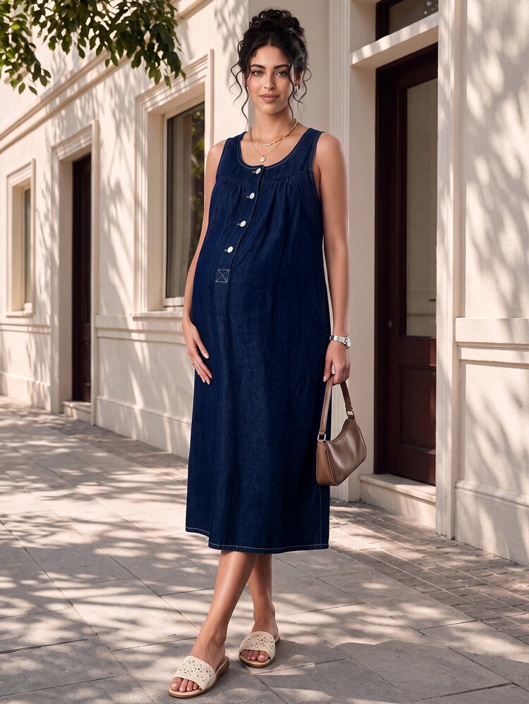 SHEIN Gaun Maxi Denim Minimalis Tidak Melar untuk Ibu Hamil - Redwood - View 8