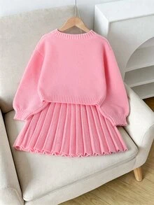 SHEIN 2件組女童毛衣套裝，簡約圓領粉色與白色3D大蝴蝶結裝飾，落肩長袖套頭衫搭配百褶裙，校園可愛風 - 粉色 - 查看 2