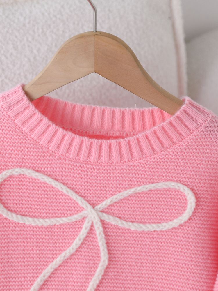 SHEIN 2pcs Setelan Sweater Anak Perempuan, Leher Bulat Sederhana Warna Pink Putih dengan Dekorasi Pita Besar 3D, Pullover Lengan Panjang Bahu Jatuh Dipadukan dengan Rok Lipit, Sekolah, Lucu - Berwarna merah muda - View 8