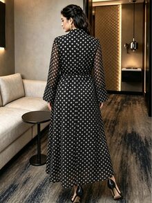 Modelyn Polka Dot Chiffon Elegant Flared Long Sleeve Blazer Collar Commuter Lady Fashion Classic Black Fitted Plus Size Dress - Black - View 3