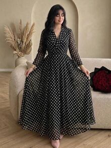 Modelyn Polka Dot Chiffon Elegant Flared Long Sleeve Blazer Collar Commuter Lady Fashion Classic Black Fitted Plus Size Dress - Black - View 5