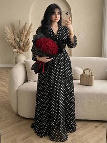 Modelyn Polka Dot Chiffon Elegant Flared Long Sleeve Blazer Collar Commuter Lady Fashion Classic Black Fitted Plus Size Dress - Black - View 2