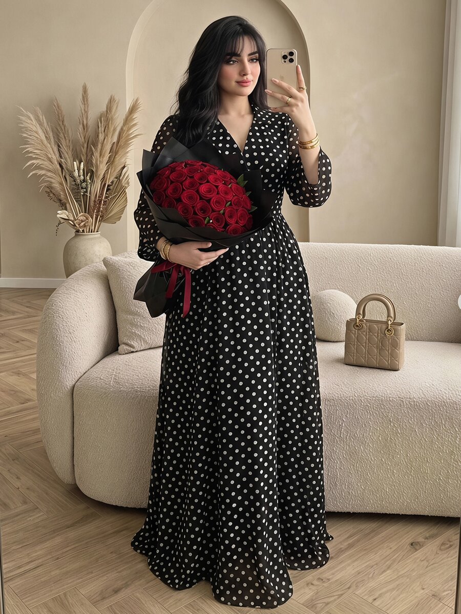 Modelyn Polka Dot Chiffon Elegant Flared Long Sleeve Blazer Collar Commuter Lady Fashion Classic Black Fitted Plus Size Dress