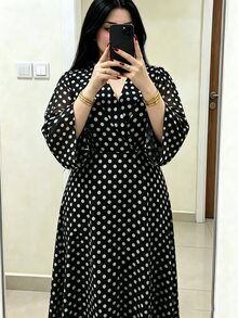 Modelyn Polka Dot Chiffon Elegant Flared Long Sleeve Blazer Collar Commuter Lady Fashion Classic Black Fitted Plus Size Dress - Black - View 8