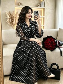 Modelyn Polka Dot Chiffon Elegant Flared Long Sleeve Blazer Collar Commuter Lady Fashion Classic Black Fitted Plus Size Dress - Black - View 7