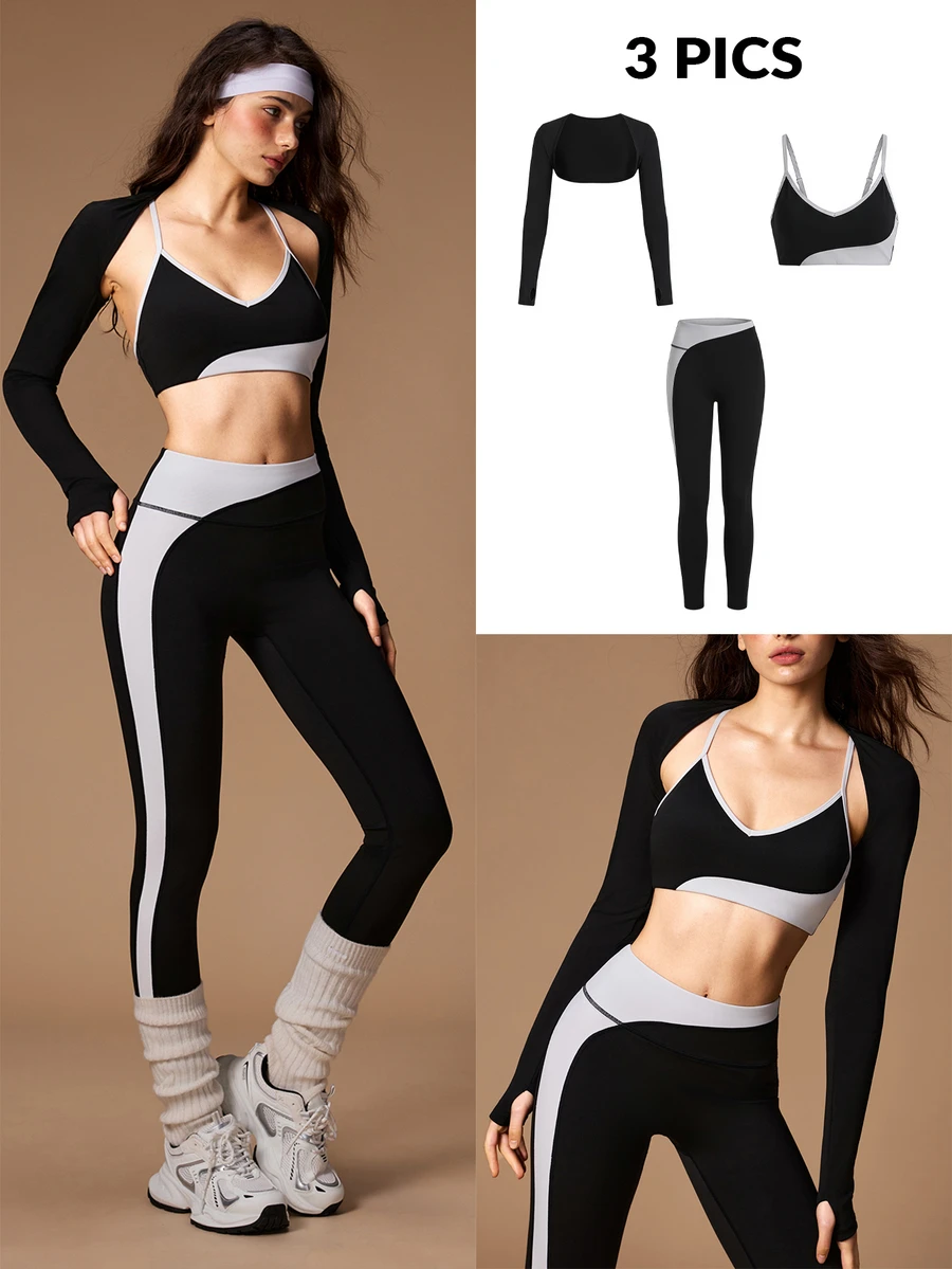 VARSIVA Women's Solid Color Tank Top, Contrast Color Bra And Leggings Sports Set - Black and White - View 1