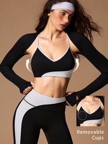 VARSIVA Women's Solid Color Tank Top, Contrast Color Bra And Leggings Sports Set - Black and White - View 2