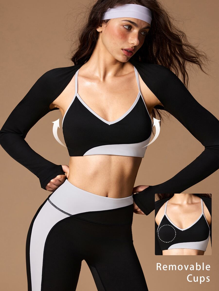 VARSIVA Women's Solid Color Tank Top, Contrast Color Bra And Leggings Sports Set - Black and White - View 1