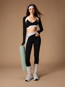 VARSIVA Women's Solid Color Tank Top, Contrast Color Bra And Leggings Sports Set - Black and White - View 5