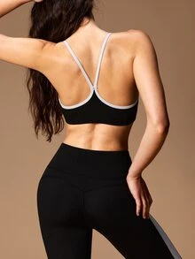VARSIVA Women's Solid Color Tank Top, Contrast Color Bra And Leggings Sports Set - Black and White - View 7