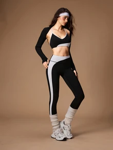 VARSIVA Women's Solid Color Tank Top, Contrast Color Bra And Leggings Sports Set - Black and White - View 10