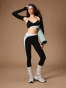 VARSIVA Women's Solid Color Tank Top, Contrast Color Bra And Leggings Sports Set - Black and White - View 6