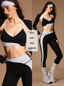 VARSIVA Women's Solid Color Tank Top, Contrast Color Bra And Leggings Sports Set - Black and White - View 12