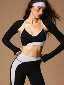 VARSIVA Women's Solid Color Tank Top, Contrast Color Bra And Leggings Sports Set - Black and White - View 11