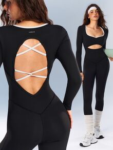 VARSIVA Jumpsuit Wanita Model Fashion Ketat dengan Leher Persegi, Tanpa Punggung, Warna Kontras, dan Potongan Atletik - Hitam dan Putih - View 11