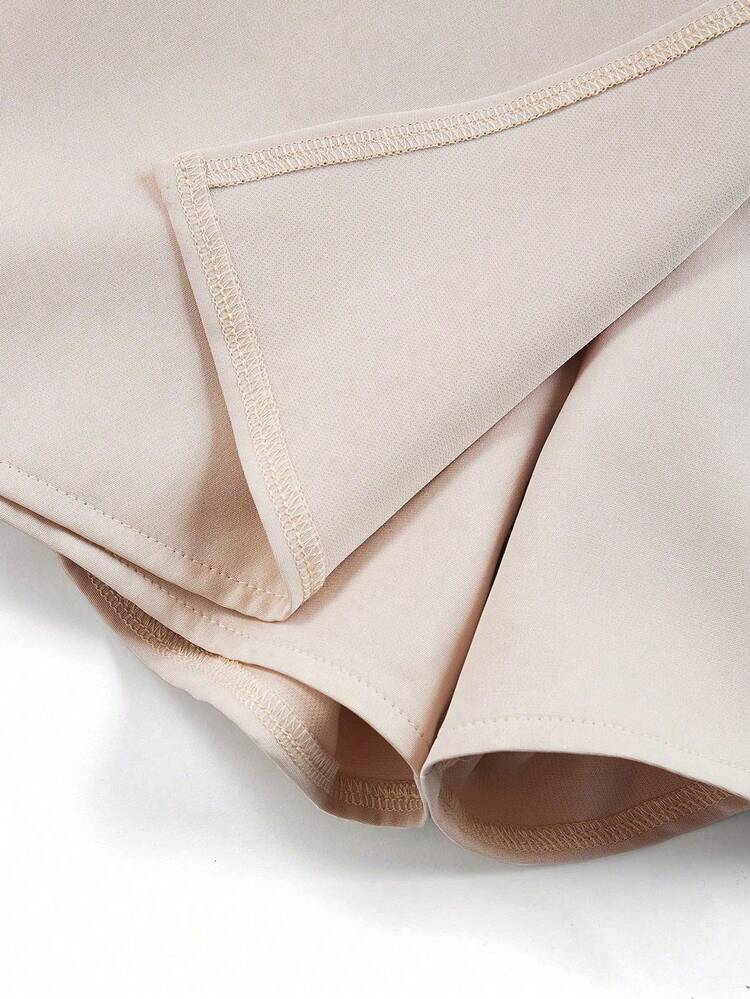 Elenzga Beige Autumn Elegant Brunch French Design 2-Piece Set,Women's Pleated Square Neck Slim Fit Long Sleeve T-Shirt&Elastic Waist Asymmetric Layered Skort - Multicolor - View 4