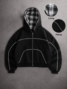 STYNVO 男士拼色拉鍊休閒日常連帽衫 - 黑色 - 查看 1