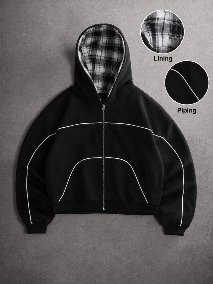 STYNVO 男士拼色拉鍊休閒日常連帽衫 - 黑色 - 查看 1