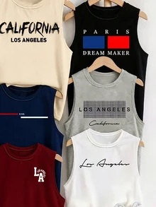 SHEIN 3 Random Pieces From 6 Designs Boys English Graphic Print Tank Tops 6-Piece Set Spring Summer Casual Tropical Vacation Gender Reveal Beige Black Grey - Multicolor - View 5