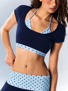 VARSIVA Kaos Olahraga Pendek Kasual Wanita Motif Polkadot Patchwork - MultiWarna - View 9