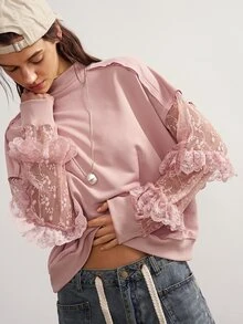 Bohemela Women's Elegant Solid Color Lace Patchwork Sweatshirt - Pink - View 1