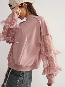 Bohemela Women's Elegant Solid Color Lace Patchwork Sweatshirt - Pink - View 6