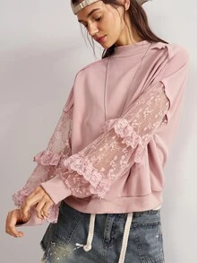 Bohemela Women's Elegant Solid Color Lace Patchwork Sweatshirt - Pink - View 5