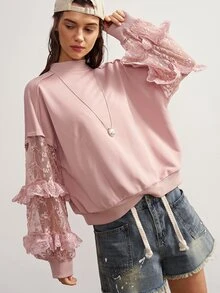 Bohemela Women's Elegant Solid Color Lace Patchwork Sweatshirt - Pink - View 3