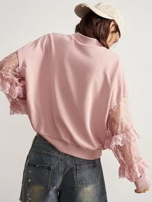 Bohemela Women's Elegant Solid Color Lace Patchwork Sweatshirt - Pink - View 7