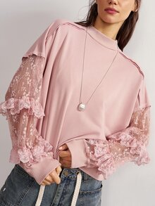Bohemela Women's Elegant Solid Color Lace Patchwork Sweatshirt - Pink - View 2