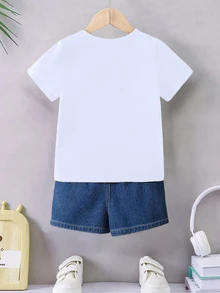 SHEIN 男童休闲时尚舒适简约字母标语印花短袖圆领T恤，夏季 - 白色 - 查看 2