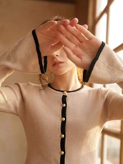 SHEIN PariChic 女款優雅法式對比色長袖針織開襟衫 米色秋季教師節辦公穿搭